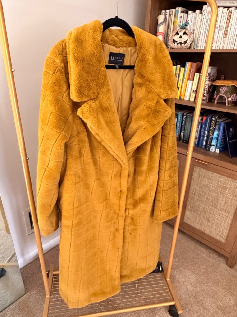 Eloquii Women's Faux Fur Long Coat - green/yellow. NEW